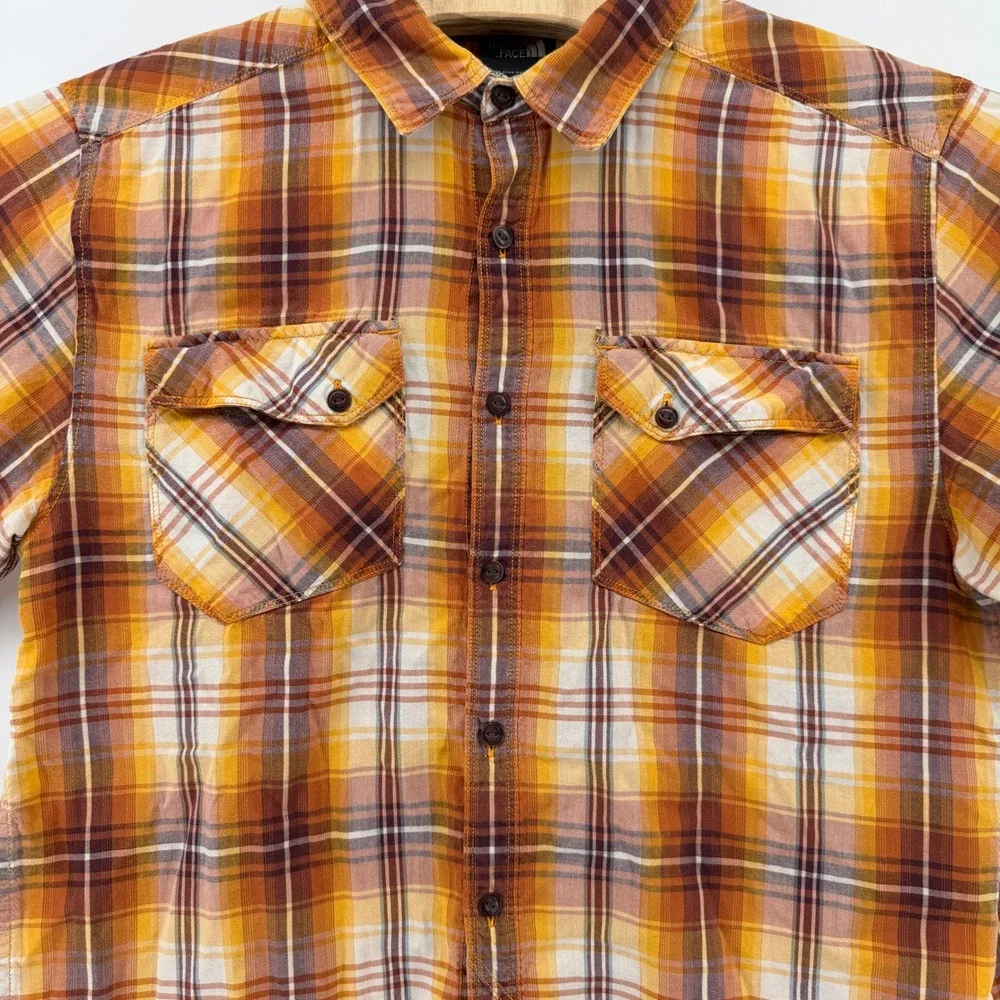 The‎ North Face Plaid Shirt Mens M Orange Yellow Short Sleeve Button Up Pocket